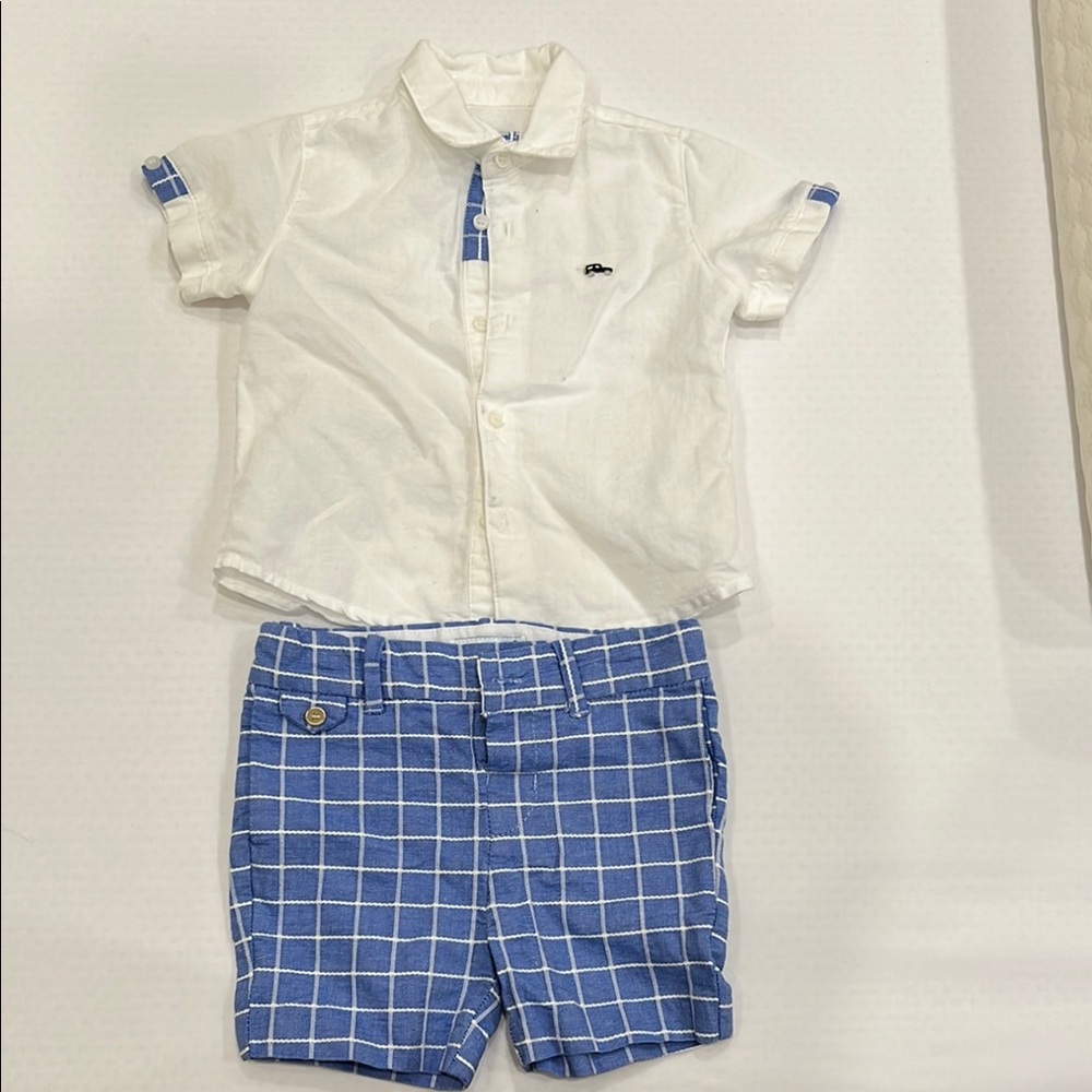 White and Blue Checkered Shirt and Shorts Set